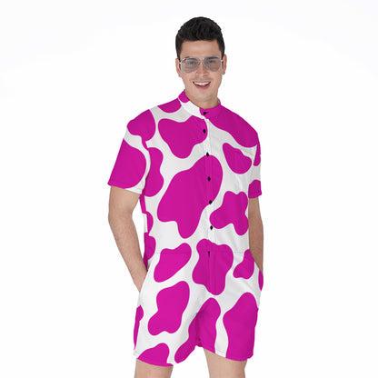 Hot Pink And White Cow Print Men's Rompers