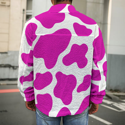 Hot Pink And White Cow Print Men's Shirt Jacket