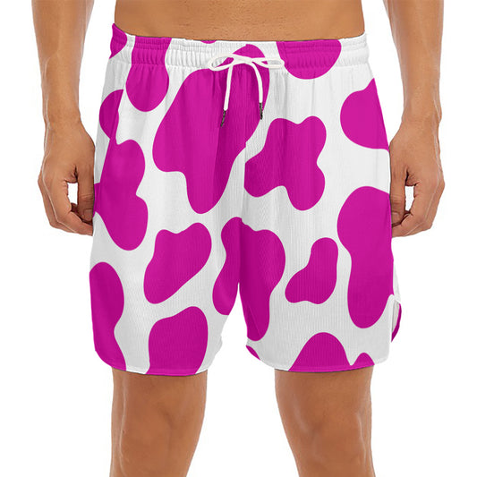 Hot Pink And White Cow Print Men's Split Running Shorts