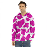 Hot Pink And White Cow Print Men's Velvet Pullover Hoodie