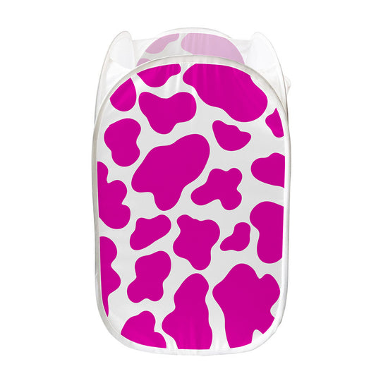 Hot Pink And White Cow Print Mesh Laundry Hamper