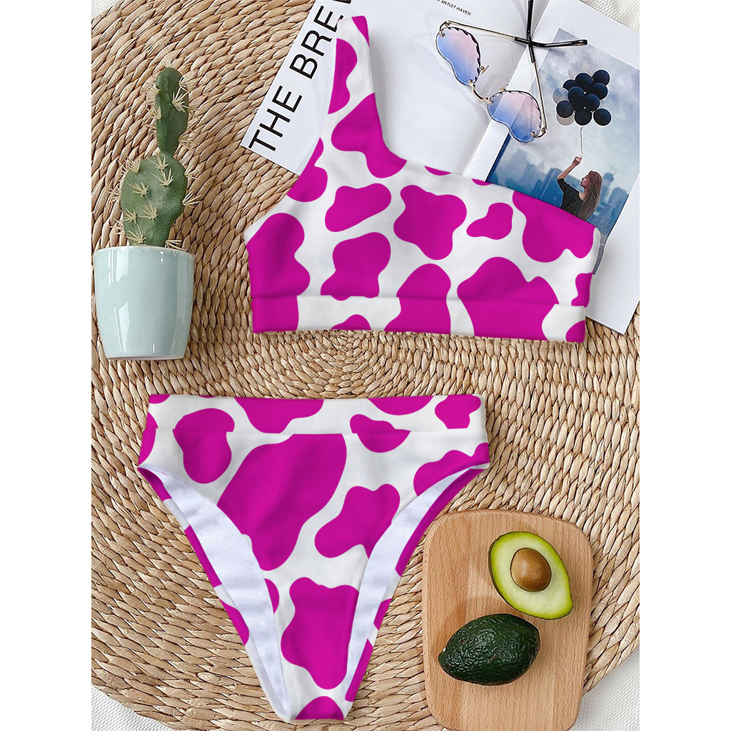Hot Pink And White Cow Print One Shoulder Bikini Top