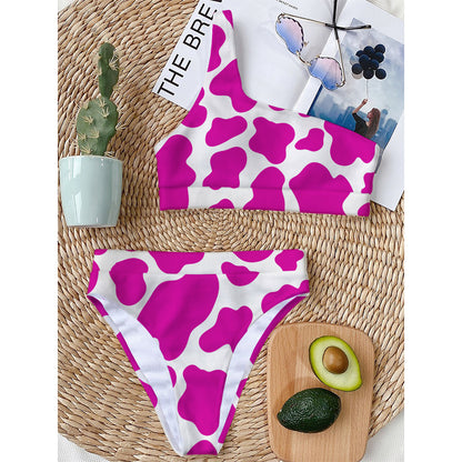 Hot Pink And White Cow Print One Shoulder Bikini Top