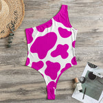 Hot Pink And White Cow Print One Shoulder Bodysuit