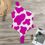 Hot Pink And White Cow Print One Shoulder Bodysuit