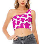 Hot Pink And White Cow Print One Shoulder Crop Top