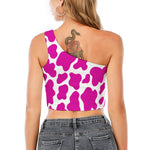 Hot Pink And White Cow Print One Shoulder Crop Top