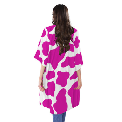 Hot Pink And White Cow Print Open Front Beach Cover Up