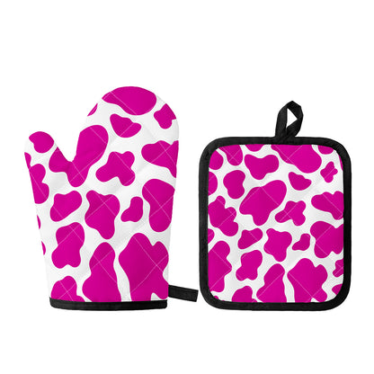 Hot Pink And White Cow Print Oven Mitt And Pot Holder Set