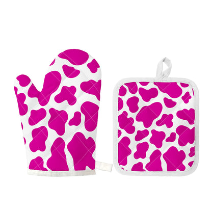 Hot Pink And White Cow Print Oven Mitt And Pot Holder Set