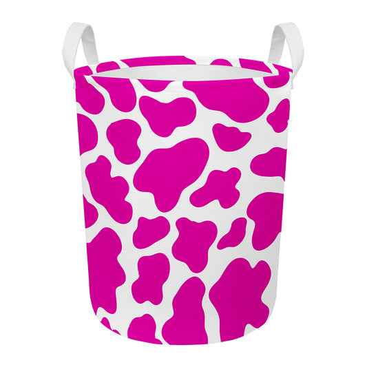 Hot Pink And White Cow Print Round Laundry Basket