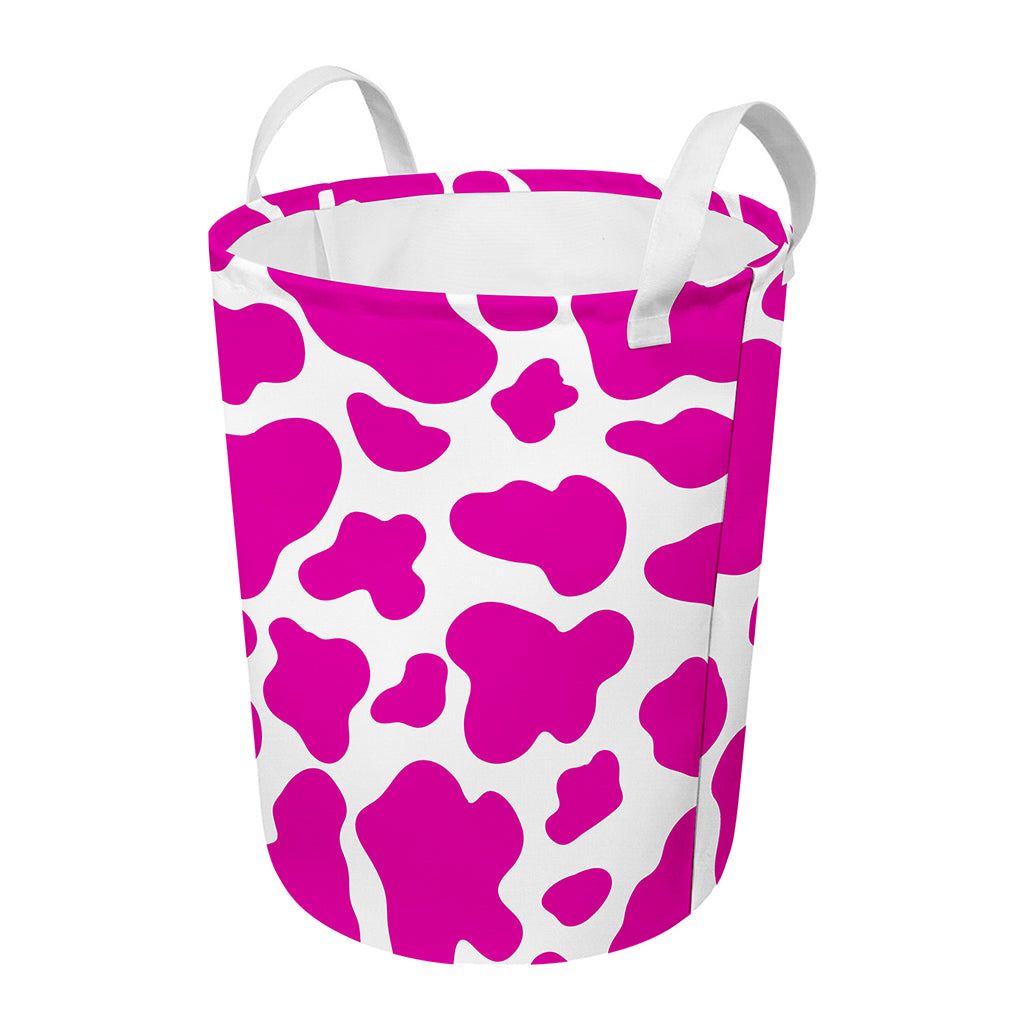 Hot Pink And White Cow Print Round Laundry Basket