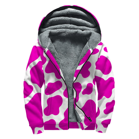 Hot Pink And White Cow Print Sherpa Lined Zip Up Hoodie