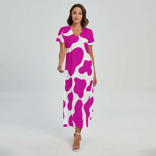Hot Pink And White Cow Print Short Sleeve Maxi Dress