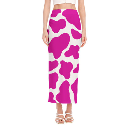 Hot Pink And White Cow Print Side Slit Maxi Skirt