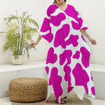 Hot Pink And White Cow Print Silk V-Neck Kaftan Dress