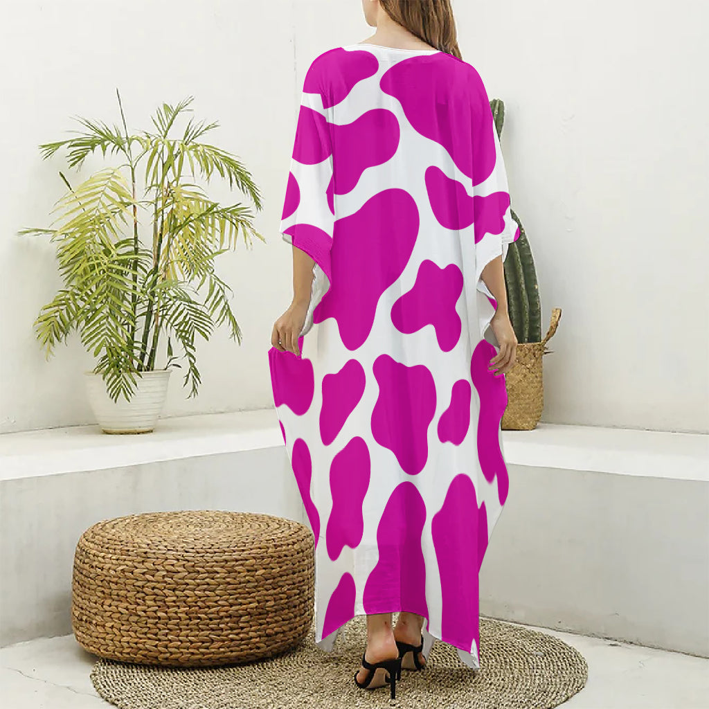 Hot Pink And White Cow Print Silk V-Neck Kaftan Dress