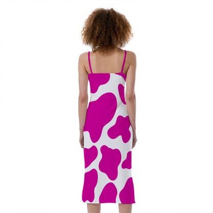 Hot Pink And White Cow Print Slim Fit Midi Cami Dress