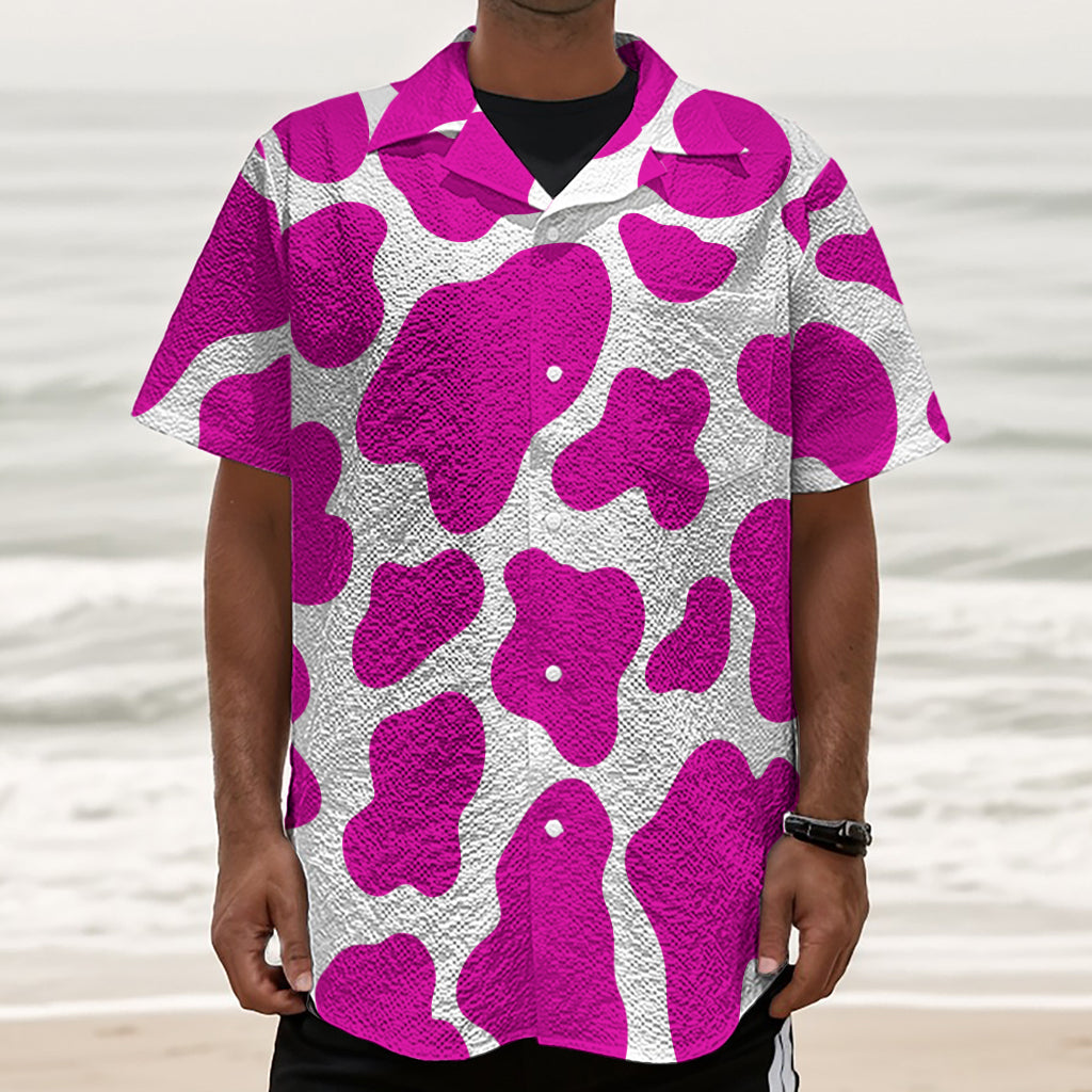 Hot Pink And White Cow Print Textured Short Sleeve Shirt