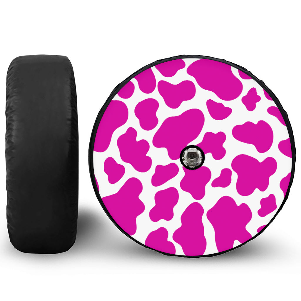 Hot Pink And White Cow Print Tire Cover With Camera Hole