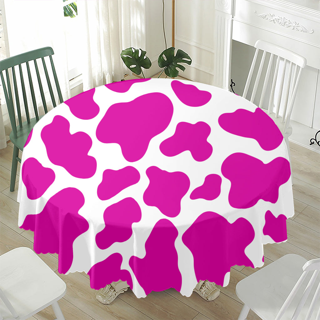 Hot Pink And White Cow Print Waterproof Round Tablecloth