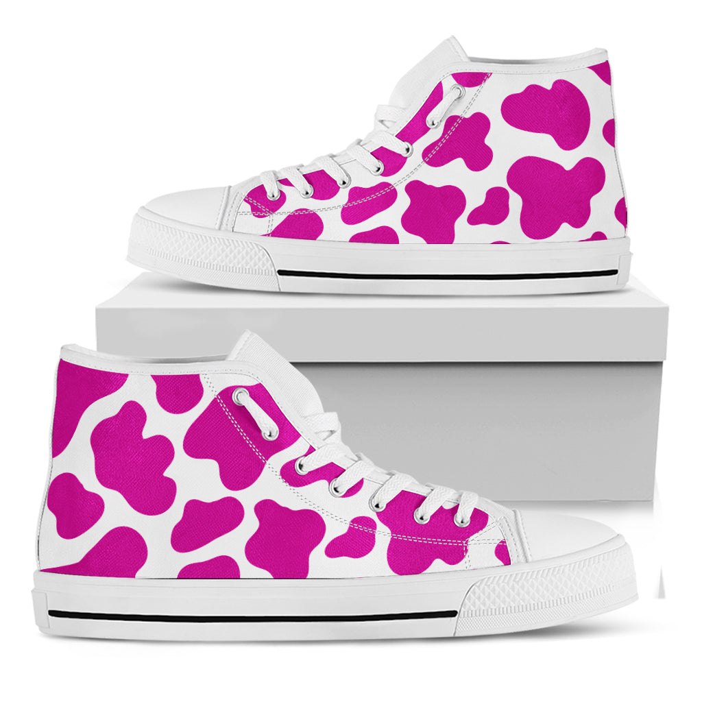 Hot Pink And White Cow Print White High Top Sneakers