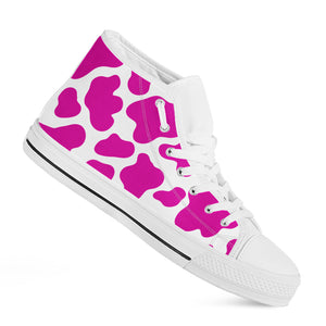 Hot Pink And White Cow Print White High Top Sneakers