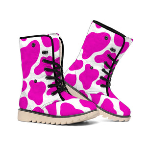 Hot Pink And White Cow Print Winter Boots