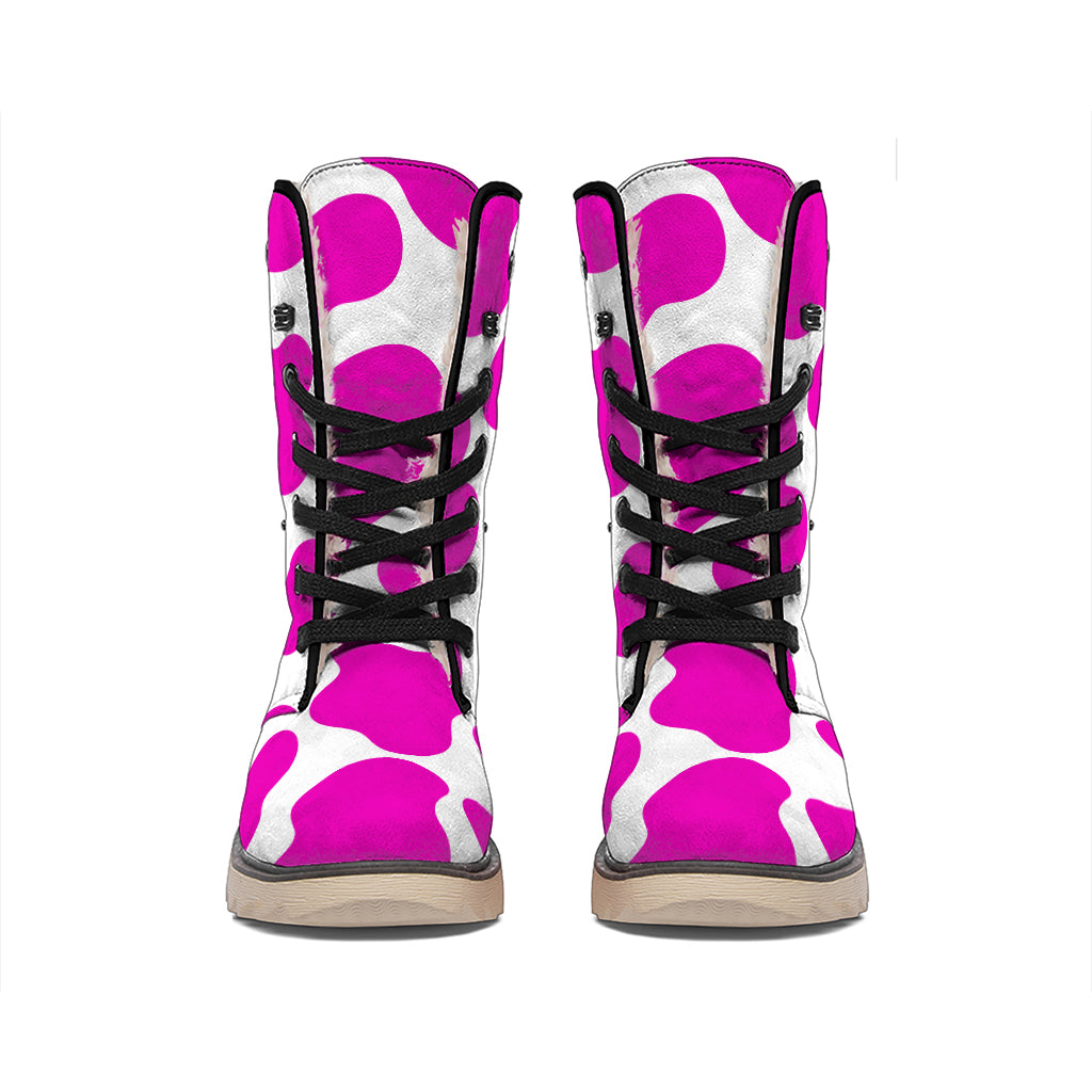 Hot Pink And White Cow Print Winter Boots