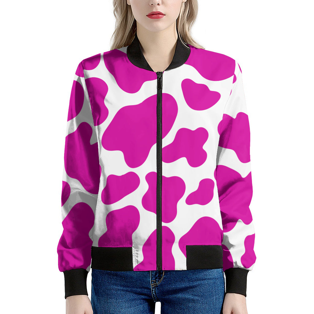 Hot Pink And White Cow Print Women's Bomber Jacket