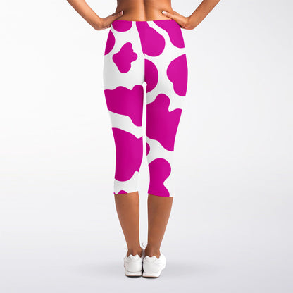 Hot Pink And White Cow Print Women's Capri Leggings