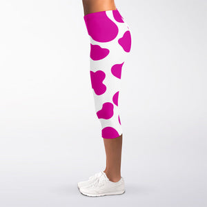 Hot Pink And White Cow Print Women's Capri Leggings