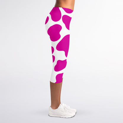 Hot Pink And White Cow Print Women's Capri Leggings