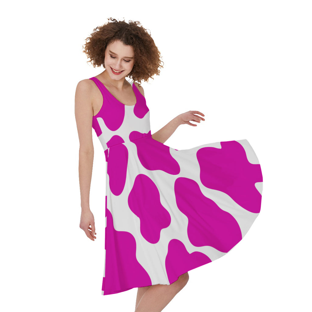 Hot Pink And White Cow Print Women's Sleeveless Dress