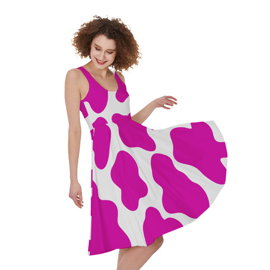 Hot Pink And White Cow Print Women's Sleeveless Dress