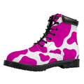 Hot Pink And White Cow Print Padded Collar Lace Up Boots