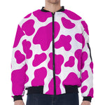 Hot Pink And White Cow Print Zip Sleeve Bomber Jacket