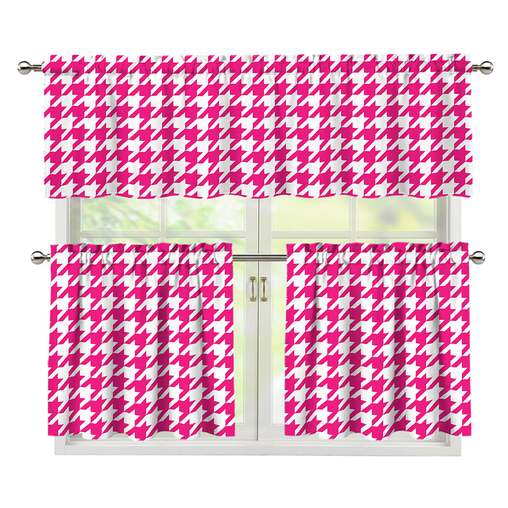 Hot Pink And White Houndstooth Print 3 Piece Kitchen Curtains