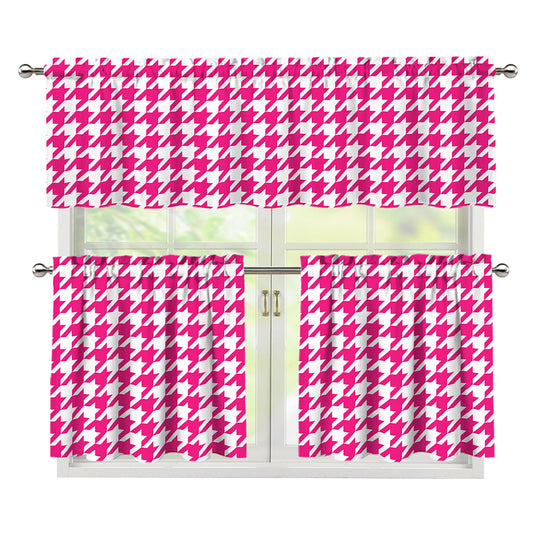 Hot Pink And White Houndstooth Print 3 Piece Kitchen Curtains