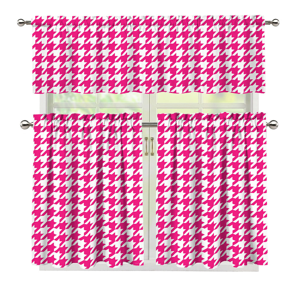 Hot Pink And White Houndstooth Print 3 Piece Kitchen Curtains