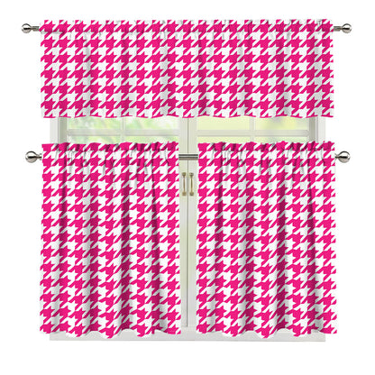 Hot Pink And White Houndstooth Print 3 Piece Kitchen Curtains