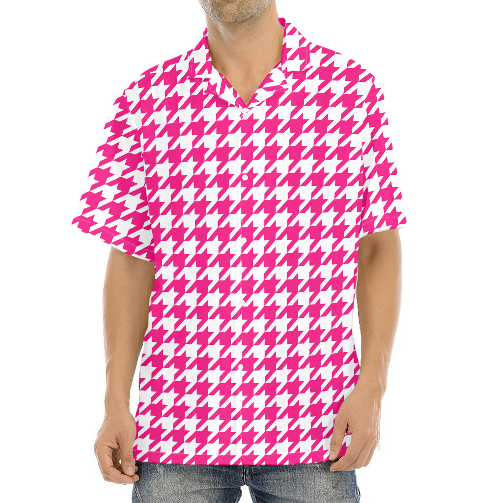 Hot Pink And White Houndstooth Print Aloha Shirt