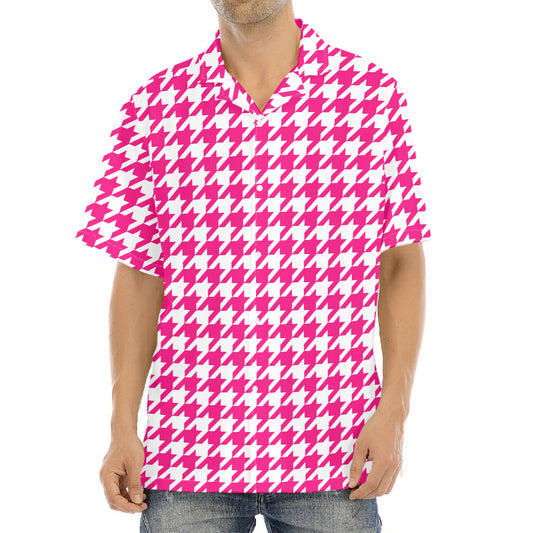 Hot Pink And White Houndstooth Print Aloha Shirt
