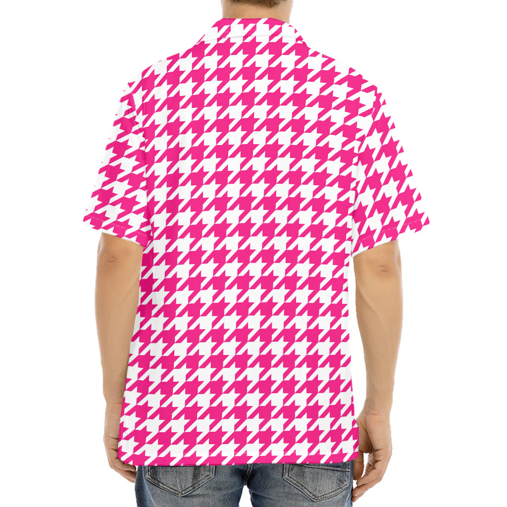 Hot Pink And White Houndstooth Print Aloha Shirt