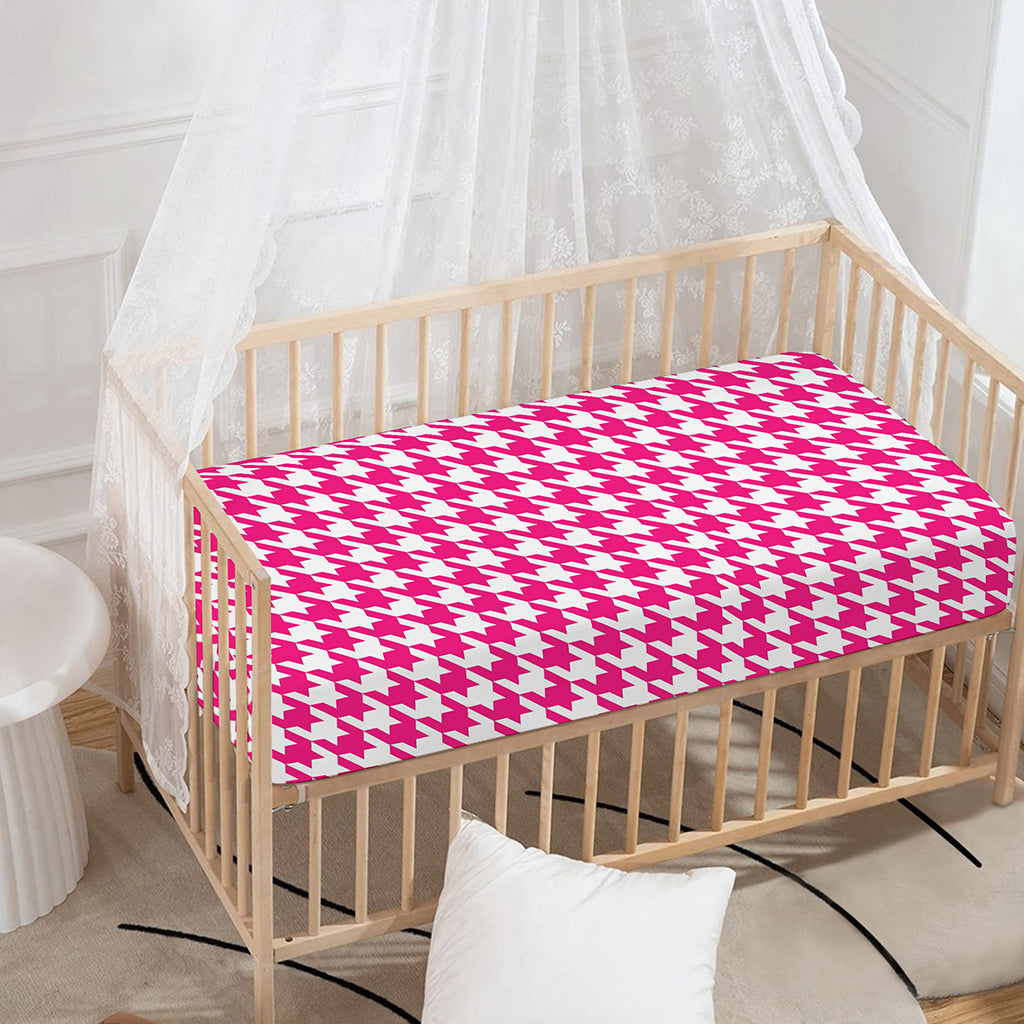 Hot Pink And White Houndstooth Print Baby Crib Sheet