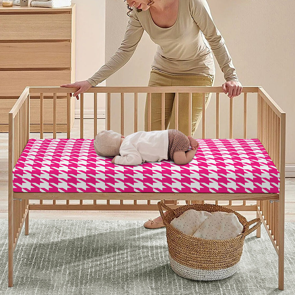 Hot Pink And White Houndstooth Print Baby Crib Sheet