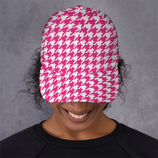 Hot Pink And White Houndstooth Print Baseball Cap