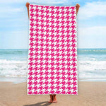 Hot Pink And White Houndstooth Print Beach Towel