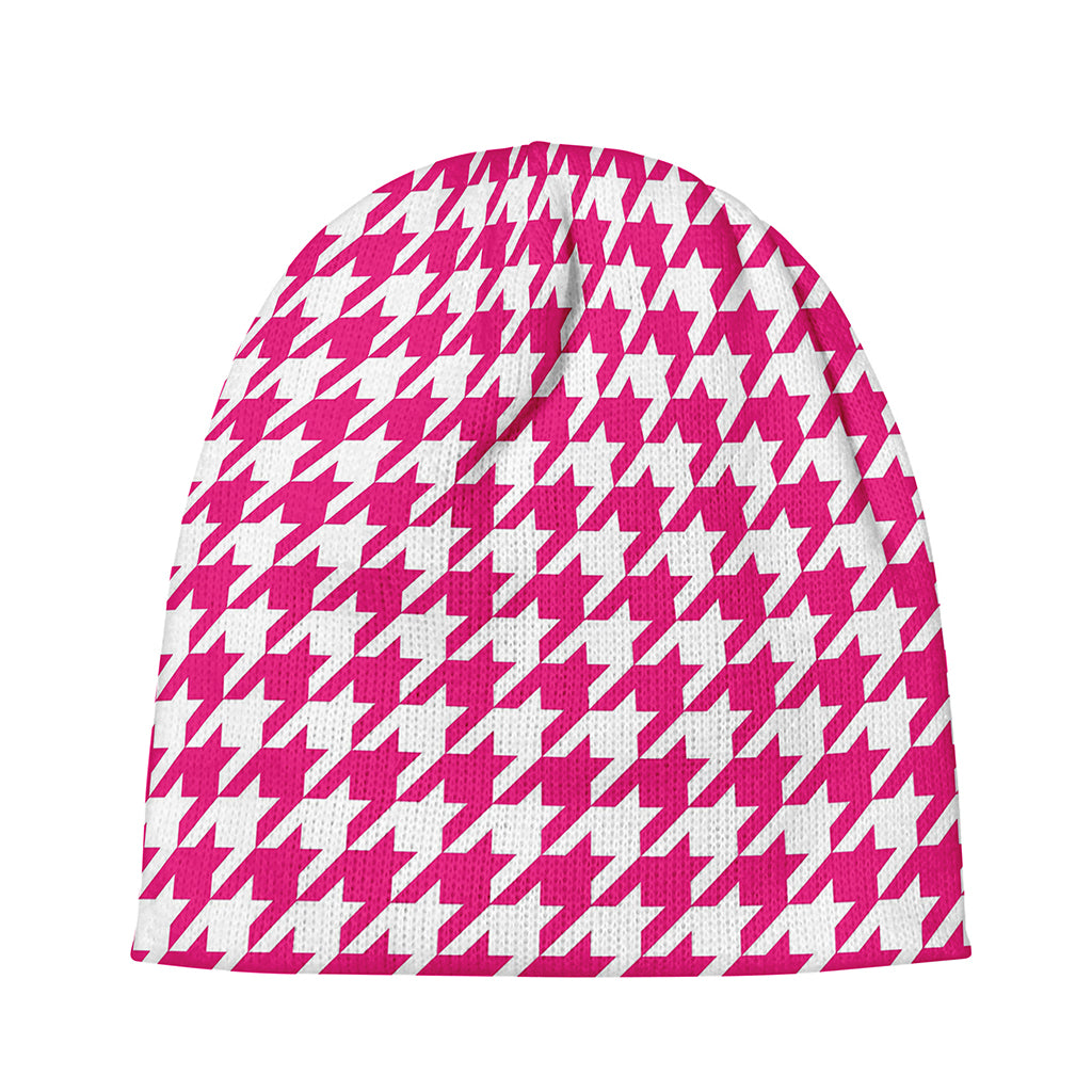 Hot Pink And White Houndstooth Print Beanie