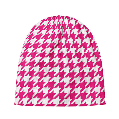 Hot Pink And White Houndstooth Print Beanie